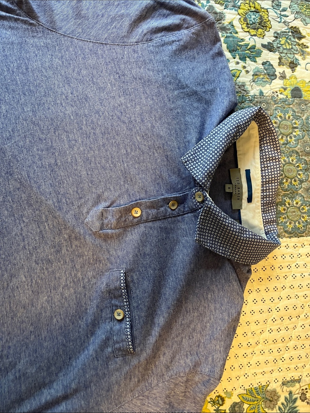 Ted Baker Blue Heather Polo with Patterned Contrast Collar